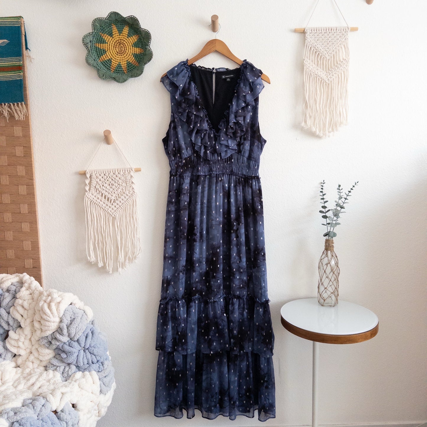 INC International Concepts Blue Metallic Swiss Dots Maxi Dress Size XL