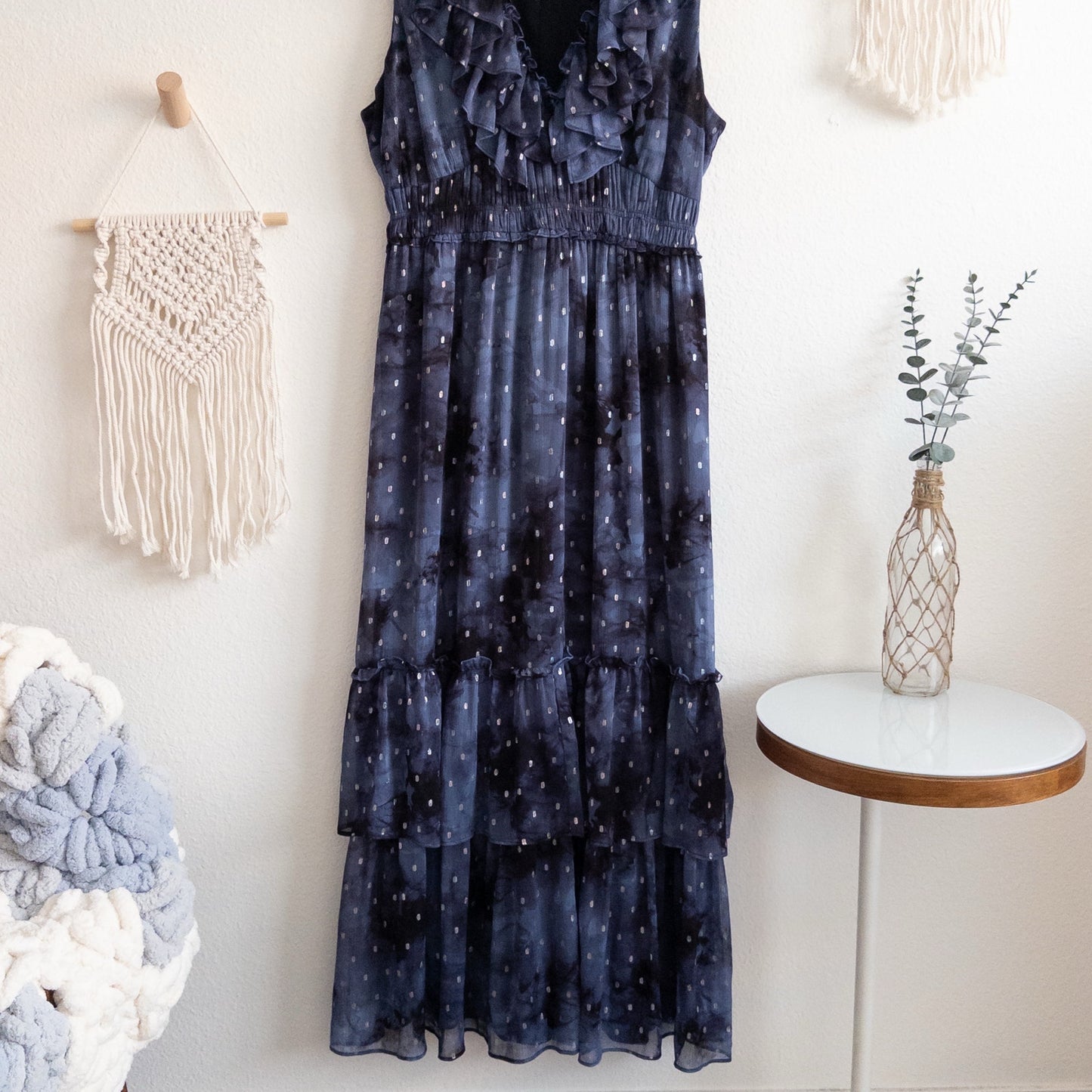 INC International Concepts Blue Metallic Swiss Dots Maxi Dress Size XL